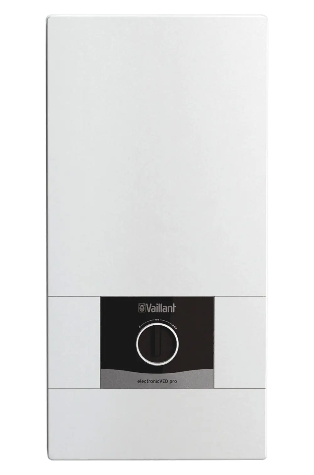 Vaillant Elektro-Durchlauferhitzer in schlichter weißer Ausführung, mit einem zentralen regulierbaren Bedienfeld in Schwarz, das für Temperatur- oder Leistungsanpassungen verwendet werden kann.
